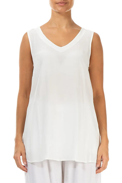 Sleeveless V-Neck White Silk Bamboo Blouse 1