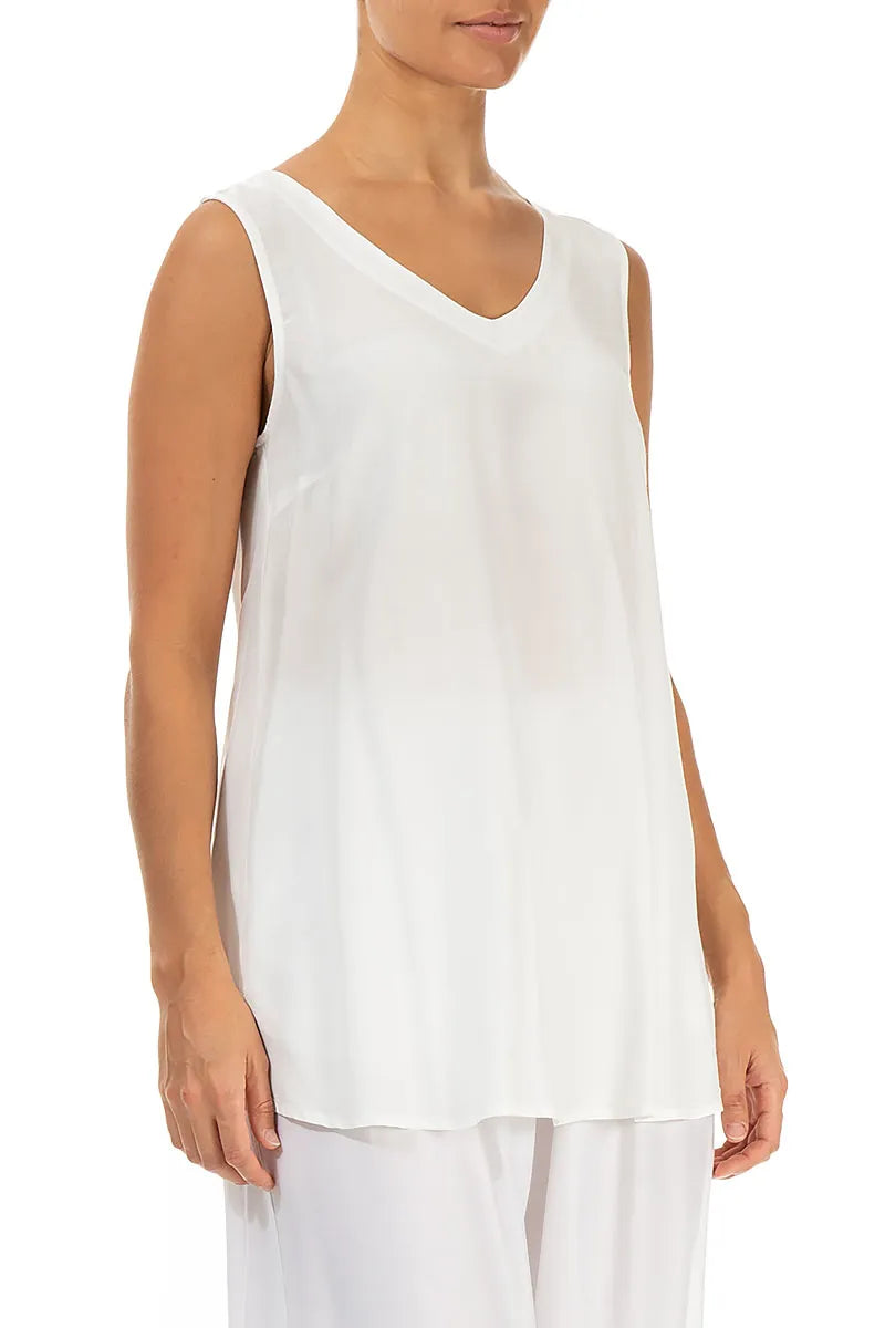 Sleeveless V-Neck White Silk Bamboo Blouse 3