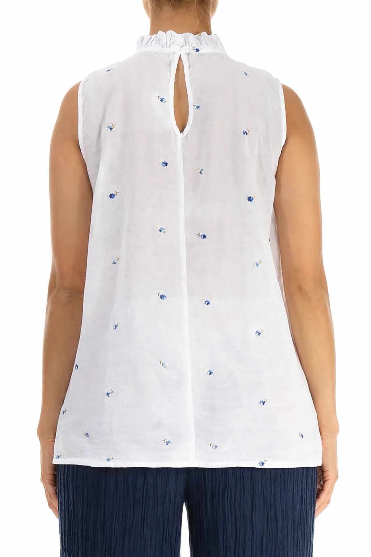 Sleeveless White Embroidered Petals Cotton Blouse 3