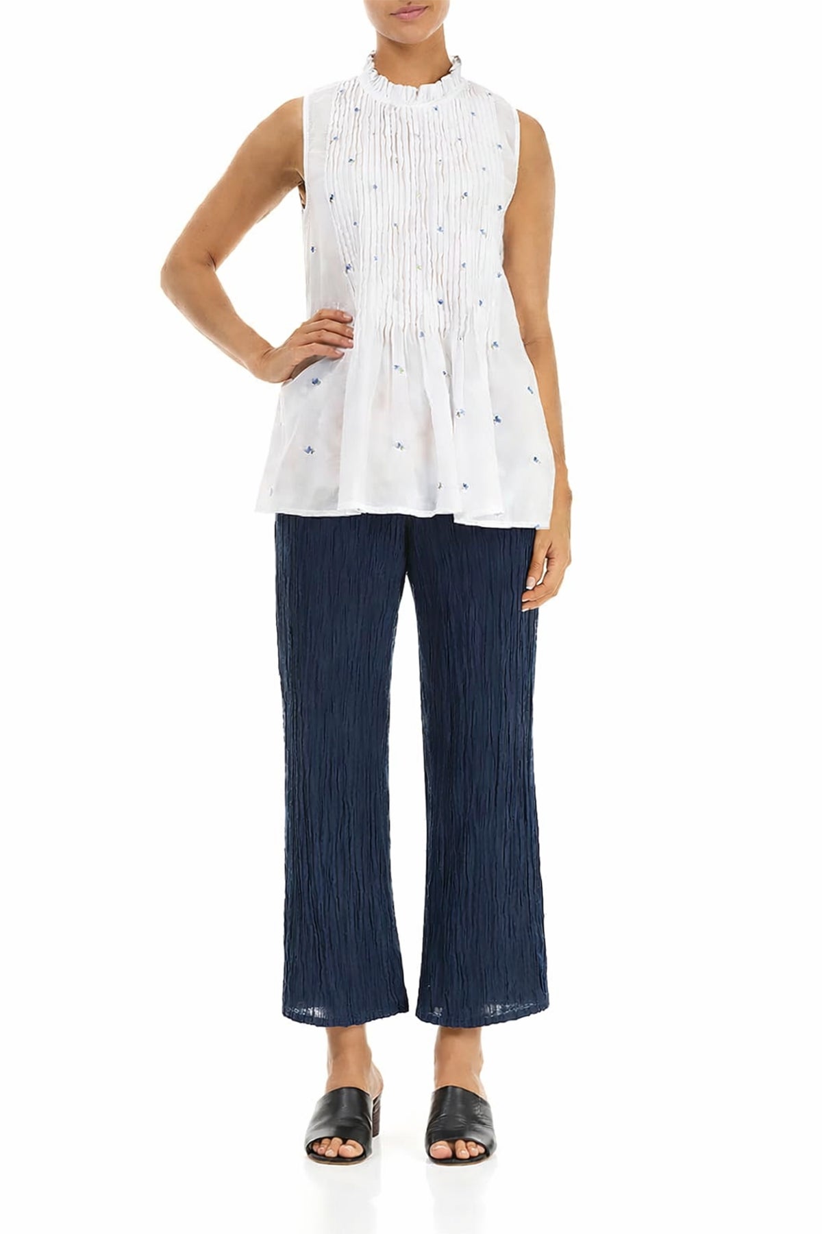 Sleeveless White Embroidered Petals Cotton Blouse 5