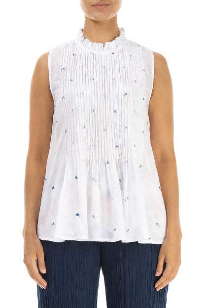 Sleeveless White Embroidered Petals Cotton Blouse 2