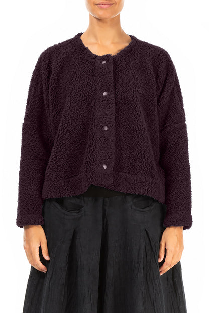 Teddy-Baumwolljacke in dunklem Pflaumenton mit Druckknopfverschluss vorne