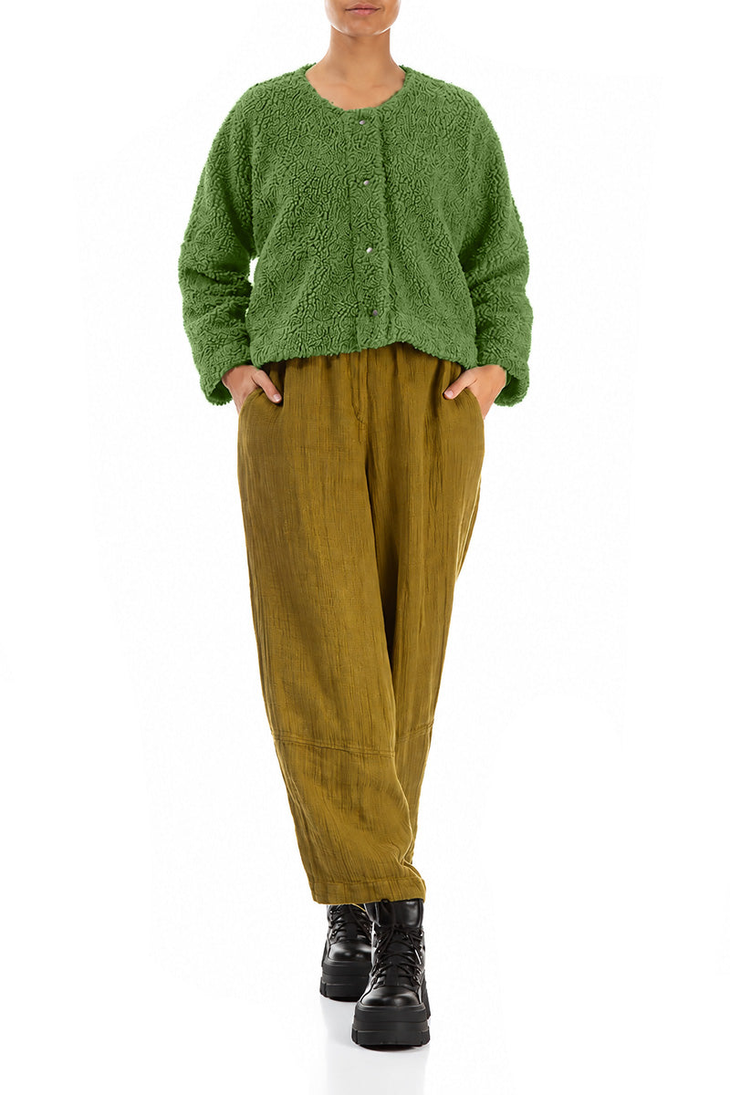 Kleeblattgrüne Teddy-Baumwolljacke mit Druckknopfverschluss vorne