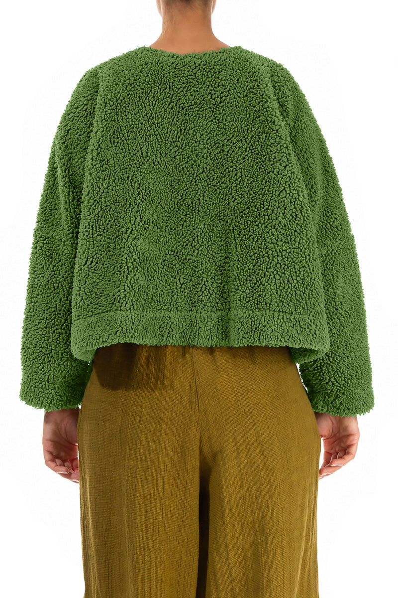 Kleeblattgrüne Teddy-Baumwolljacke mit Druckknopfverschluss vorne