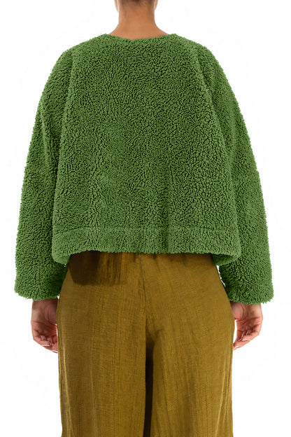 Kleeblattgrüne Teddy-Baumwolljacke mit Druckknopfverschluss vorne