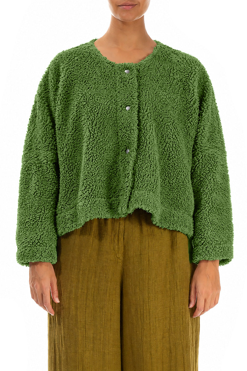 Kleeblattgrüne Teddy-Baumwolljacke mit Druckknopfverschluss vorne
