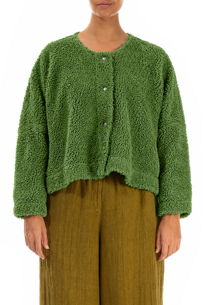 Kleeblattgrüne Teddy-Baumwolljacke mit Druckknopfverschluss vorne