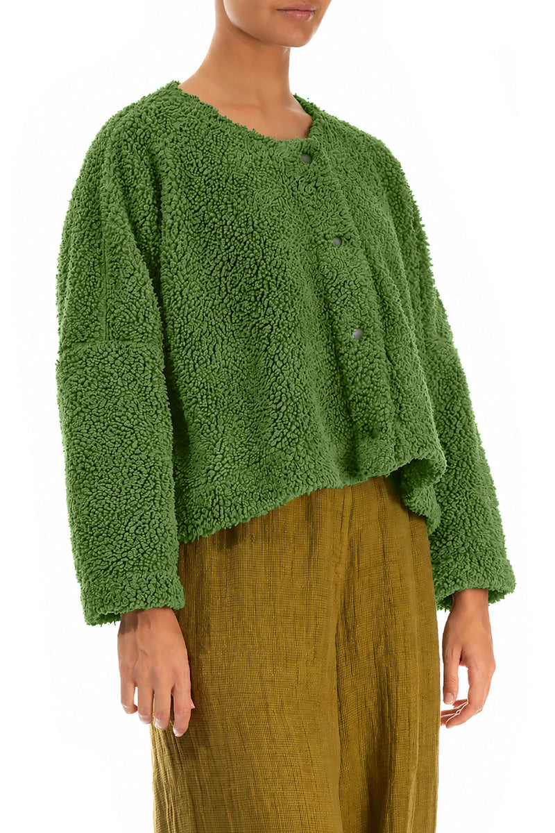 Kleeblattgrüne Teddy-Baumwolljacke mit Druckknopfverschluss vorne