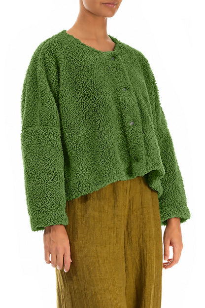 Kleeblattgrüne Teddy-Baumwolljacke mit Druckknopfverschluss vorne