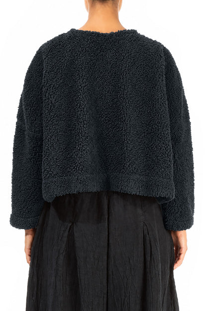 Schiefergraue Teddy-Baumwolljacke mit Druckknopfverschluss vorne