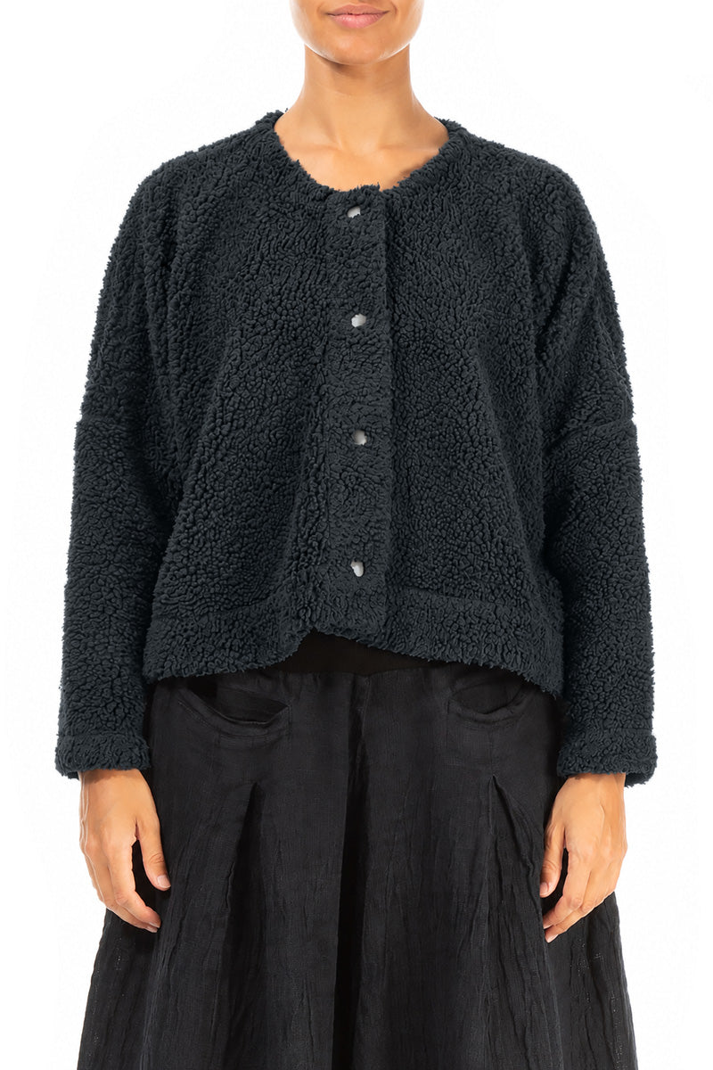 Schiefergraue Teddy-Baumwolljacke mit Druckknopfverschluss vorne