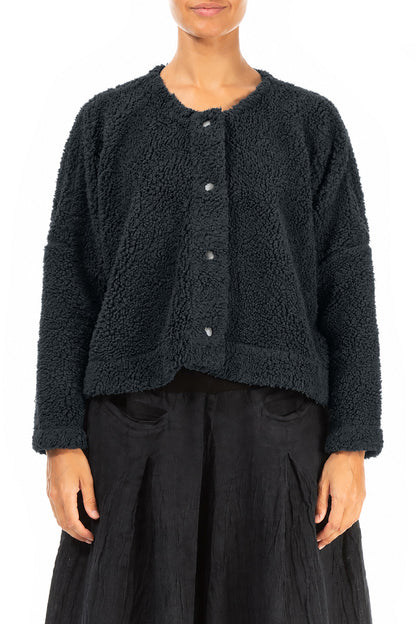 Schiefergraue Teddy-Baumwolljacke mit Druckknopfverschluss vorne