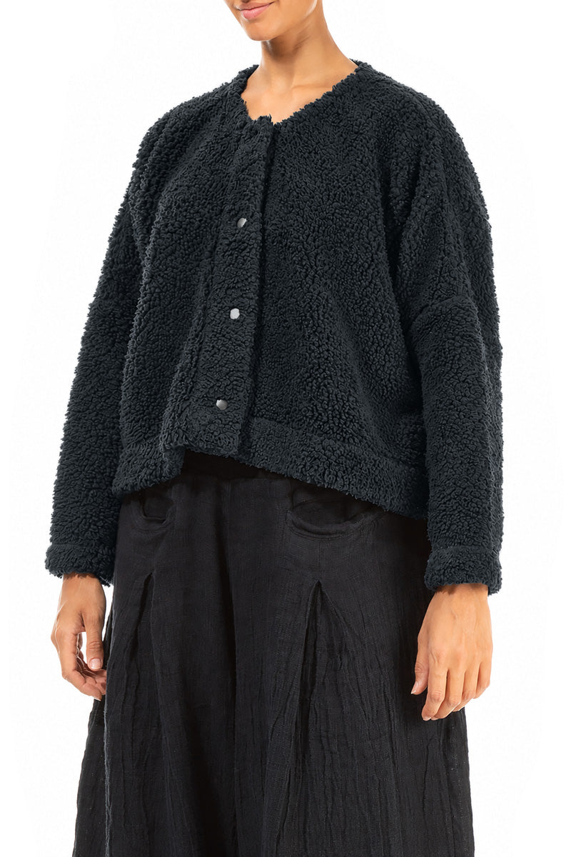 Schiefergraue Teddy-Baumwolljacke mit Druckknopfverschluss vorne