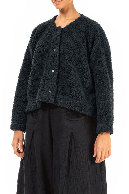 Schiefergraue Teddy-Baumwolljacke mit Druckknopfverschluss vorne