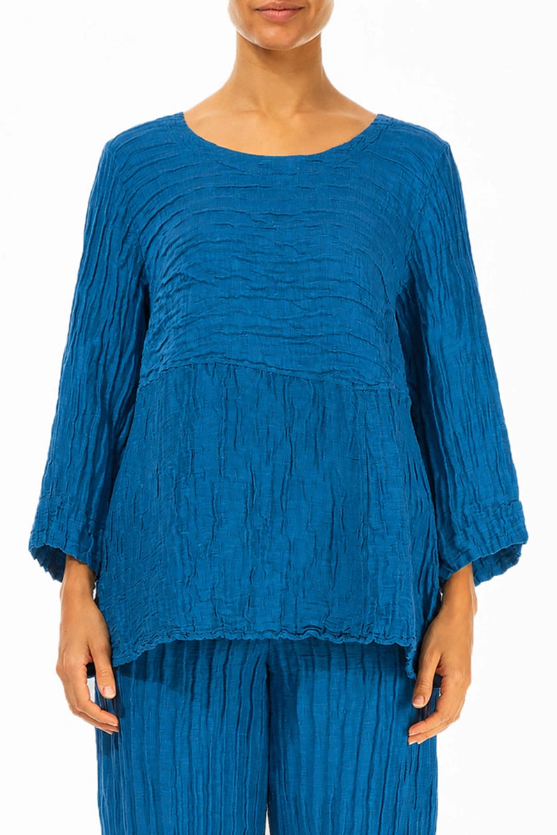 Zachtgevormde Kobaltblauwe Gerimpelde Zijde-Linnen Blouse