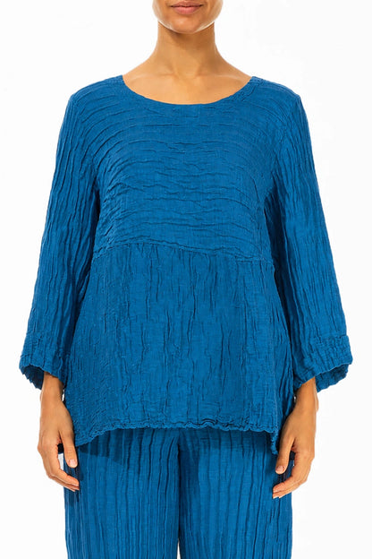 Zachtgevormde Kobaltblauwe Gerimpelde Zijde-Linnen Blouse
