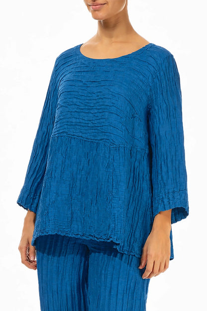 Zachtgevormde Kobaltblauwe Gerimpelde Zijde-Linnen Blouse