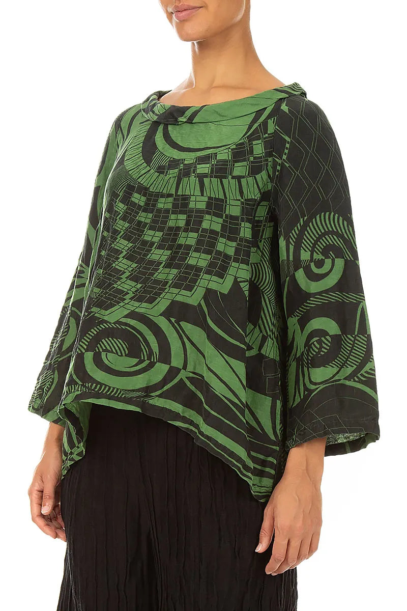 Soft Cowl Neck Shamrock Green Orbit Textured Silk Blouse 4