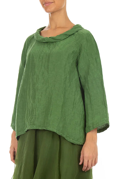 Blouses douces à col bénitier en soie texturée vert trèfle