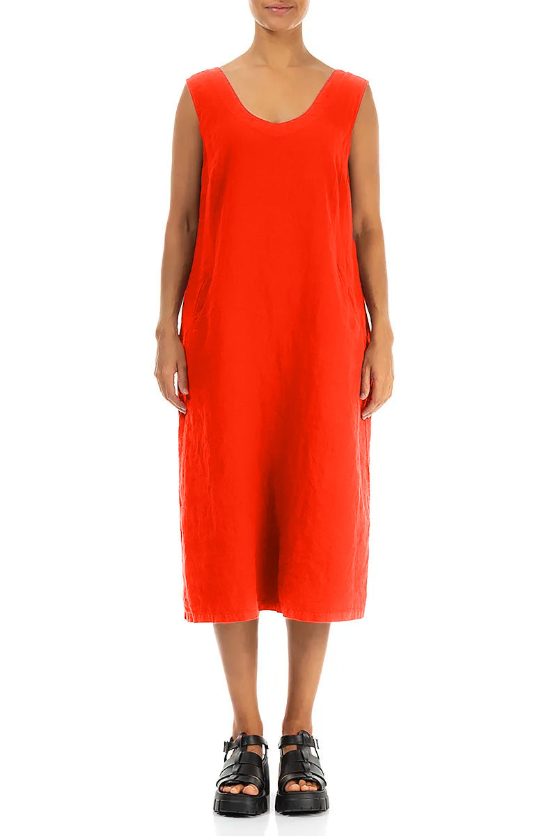 Soft V-Neck Flame Orange Linen Dress 1