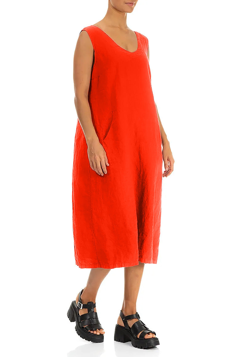 Soft V-Neck Flame Orange Linen Dress 3