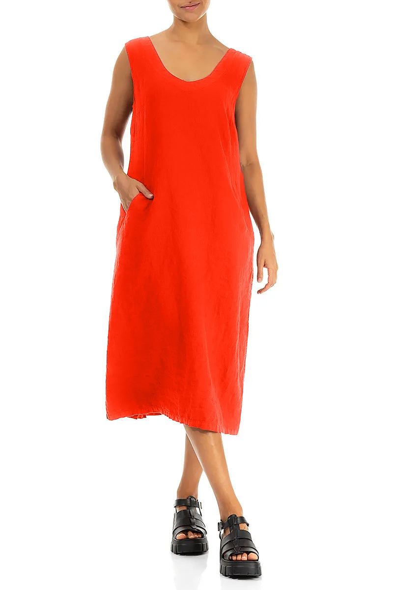 Soft V-Neck Flame Orange Linen Dress 4