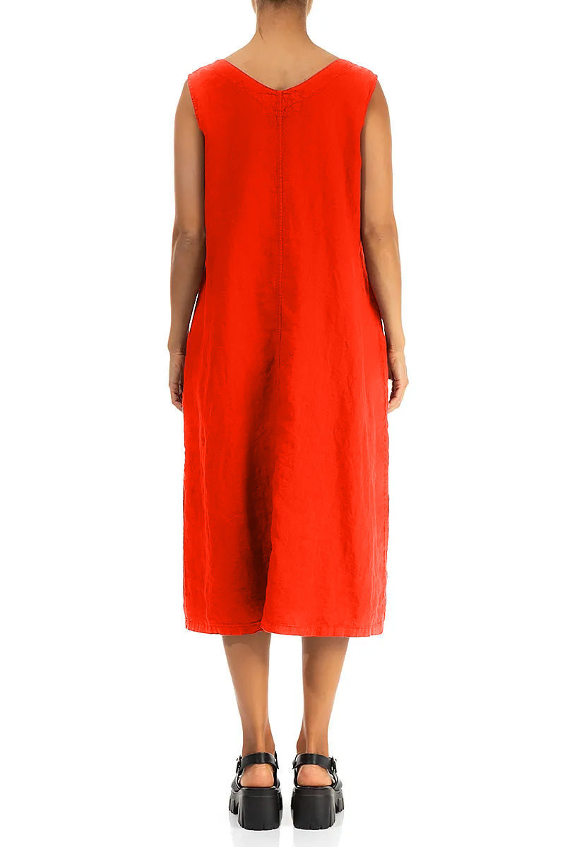 Soft V-Neck Flame Orange Linen Dress 2