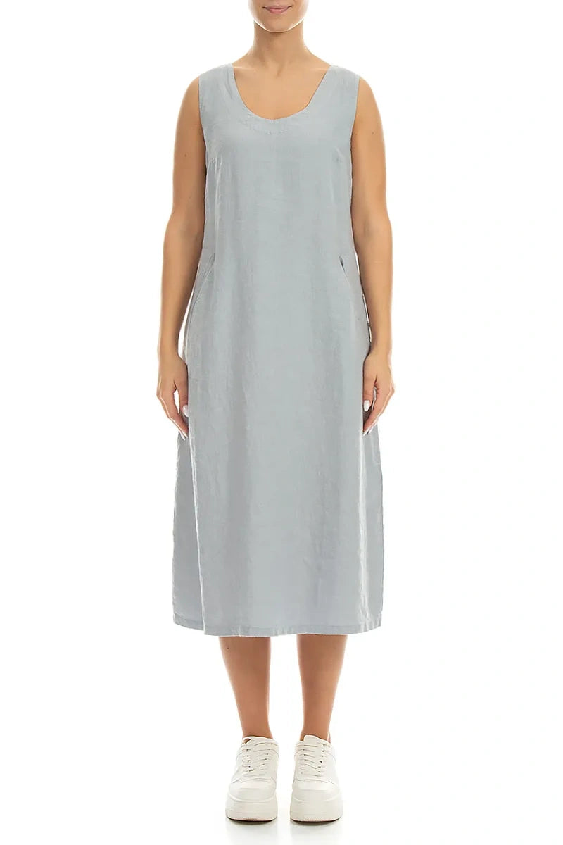 Soft V-Neck Silver Grey Linen Dress 1