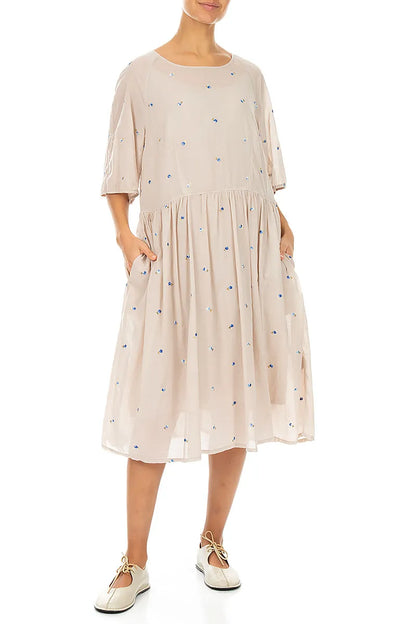 Soft Volume Beige Embroidered Petals Cotton Midi Dress 4