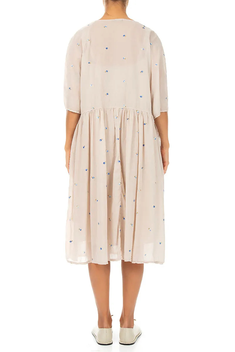 Soft Volume Beige Embroidered Petals Cotton Midi Dress 2