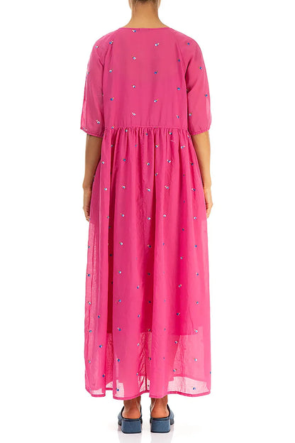 Soft Volume Fuchsia Embroidered Petals Cotton Dress 2
