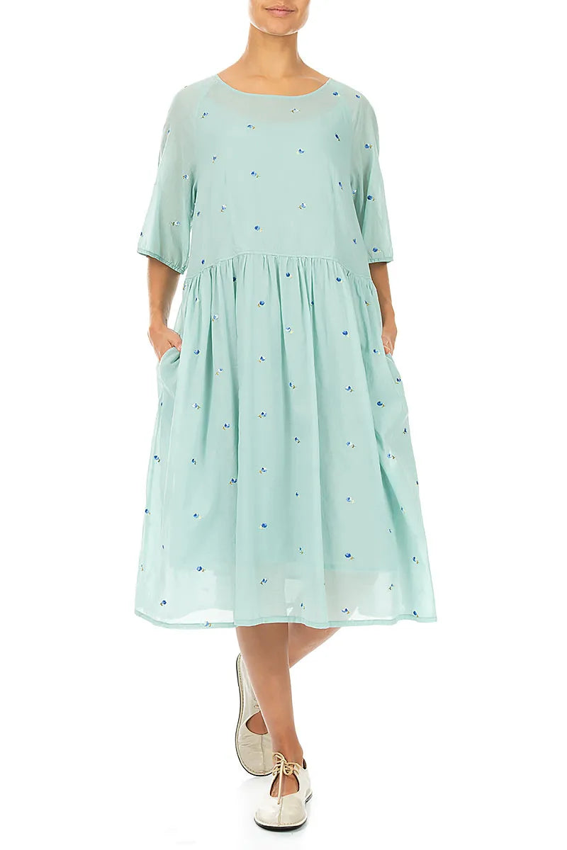 Soft Volume Mint Embroidered Petals Cotton Midi Dress 4
