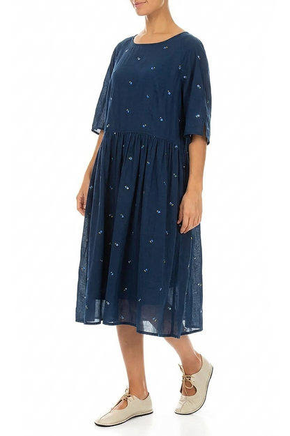 Soft Volume Navy Embroidered Petals Cotton Midi Dress 4