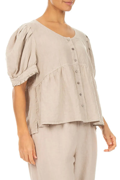 Soft Volume Sleeve Beige Linen Shirt 3