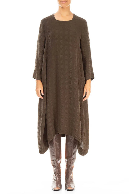 Square Neck Bubble Forest Brown Silk Dress 1