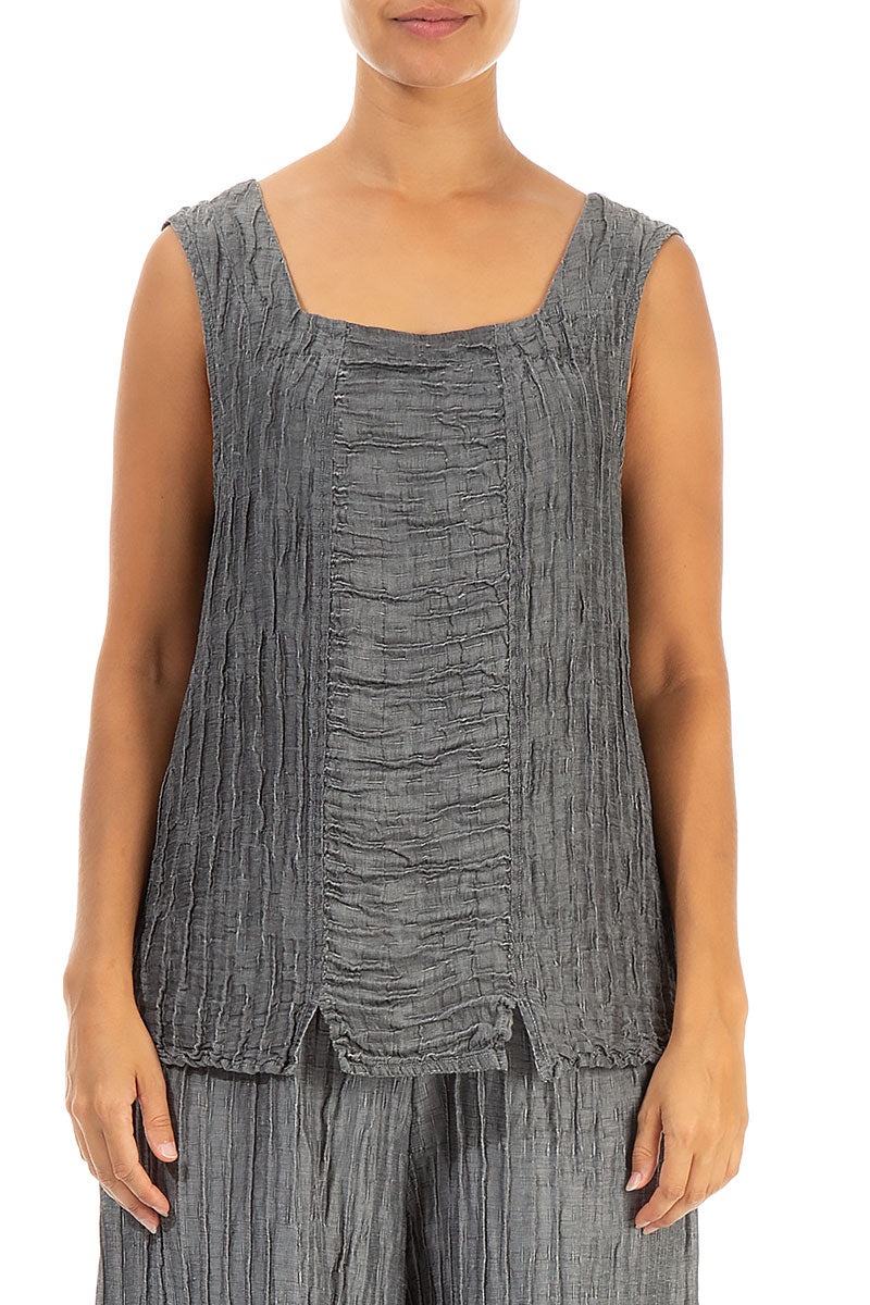 Square Neck Crinkled Anthracite Silk Linen Blouse 1