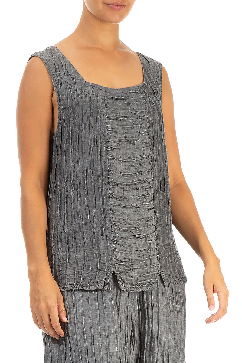 Square Neck Crinkled Anthracite Silk Linen Blouse 3
