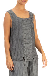Square Neck Crinkled Anthracite Silk Linen Blouse 3