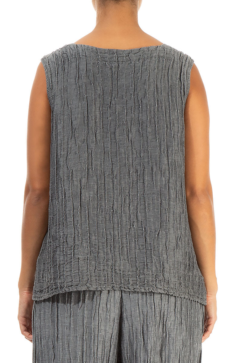 Square Neck Crinkled Anthracite Silk Linen Blouse 2