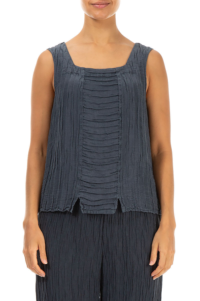 Square Neck Crinkled Graphite Silk Linen Blouse 1