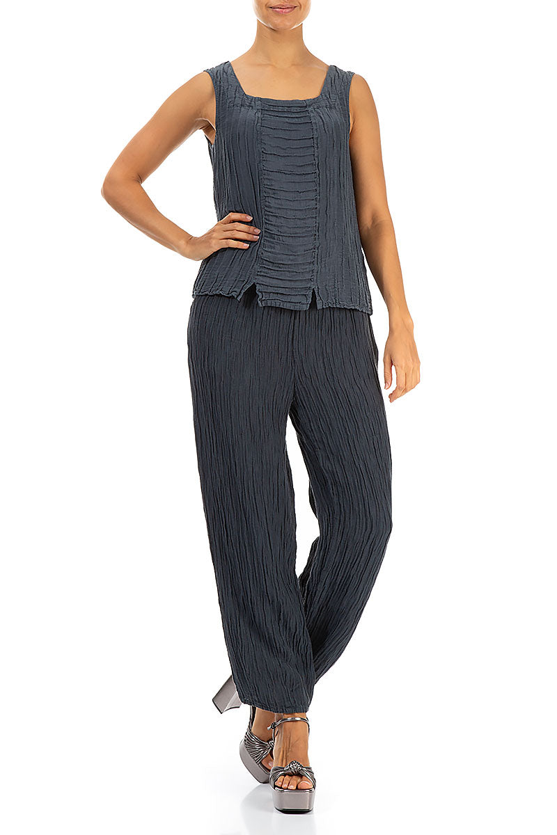 Square Neck Crinkled Graphite Silk Linen Blouse 4