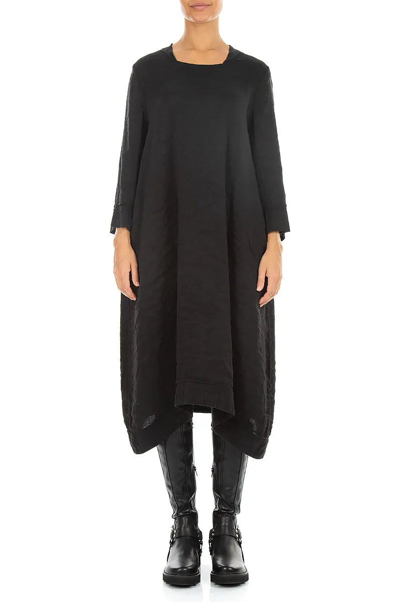 Square Neck Textured Black Silk Dress 1