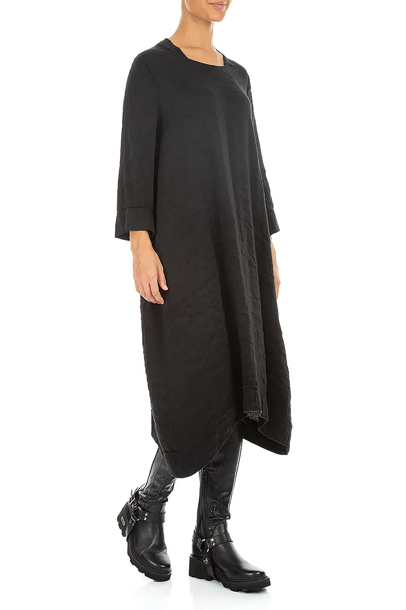 Square Neck Textured Black Silk Dress 3
