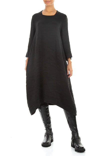 Square Neck Textured Black Silk Dress 4