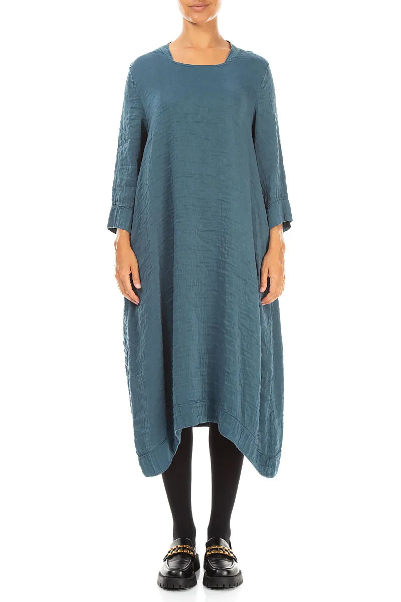 Robe en Soie Turquoise profond texturée à encolure carrée