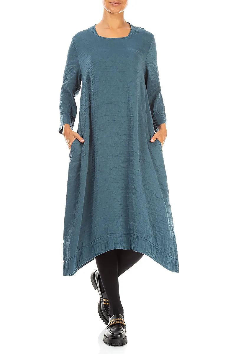Strukturiertes Seidenkleid mit eckigem Ausschnitt in Dunkeltürkis