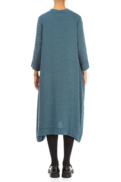 Strukturiertes Seidenkleid mit eckigem Ausschnitt in Dunkeltürkis