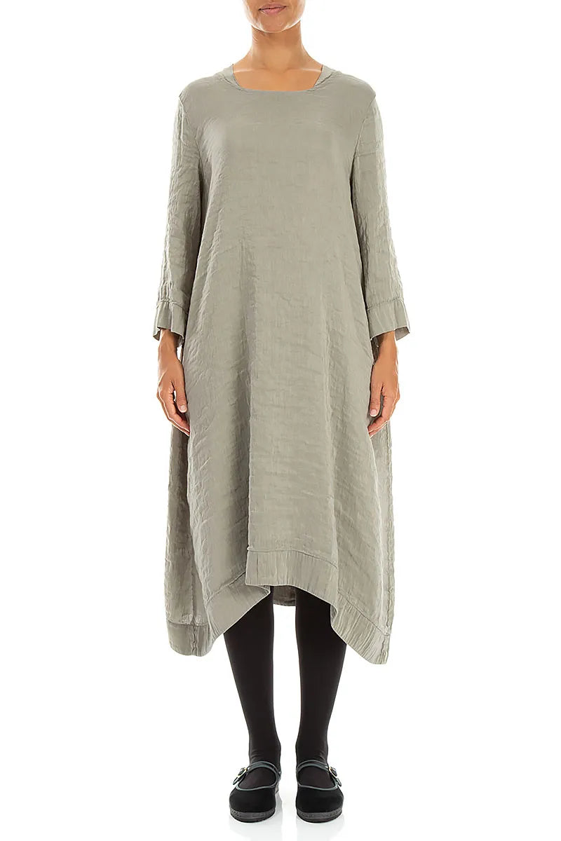 Square Neck Textured Olive Grey Silk Dress 1