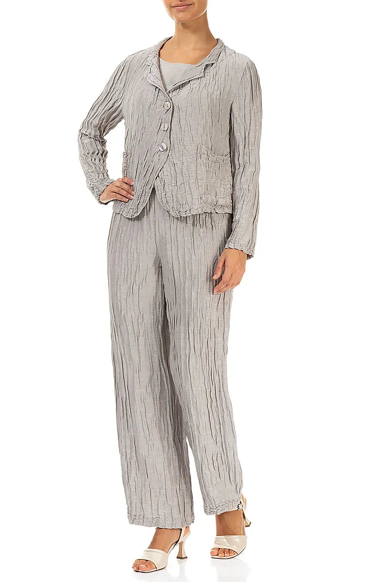 Pantalon droit en lin et soie beige froissé