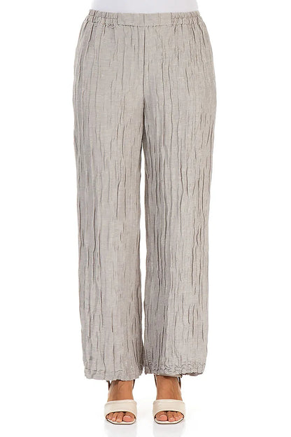 Pantalon droit en lin et soie beige froissé